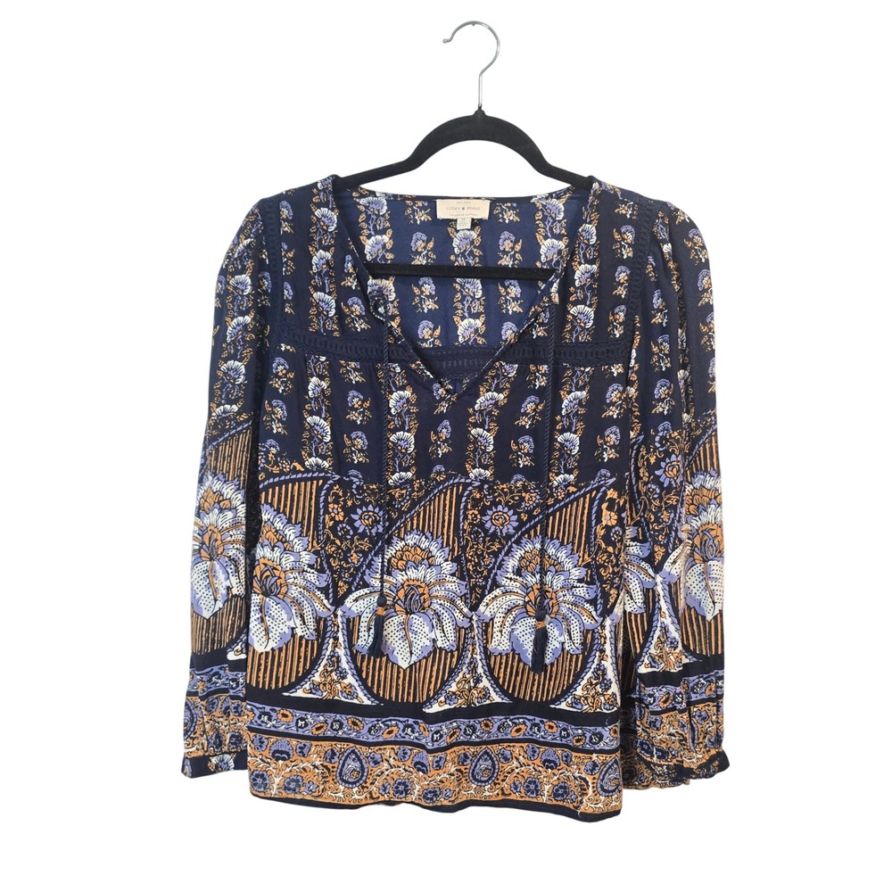 Lucky Brand Peasant Blouse Womens Medium Navy Blue Floral Paisley Boho Tassel